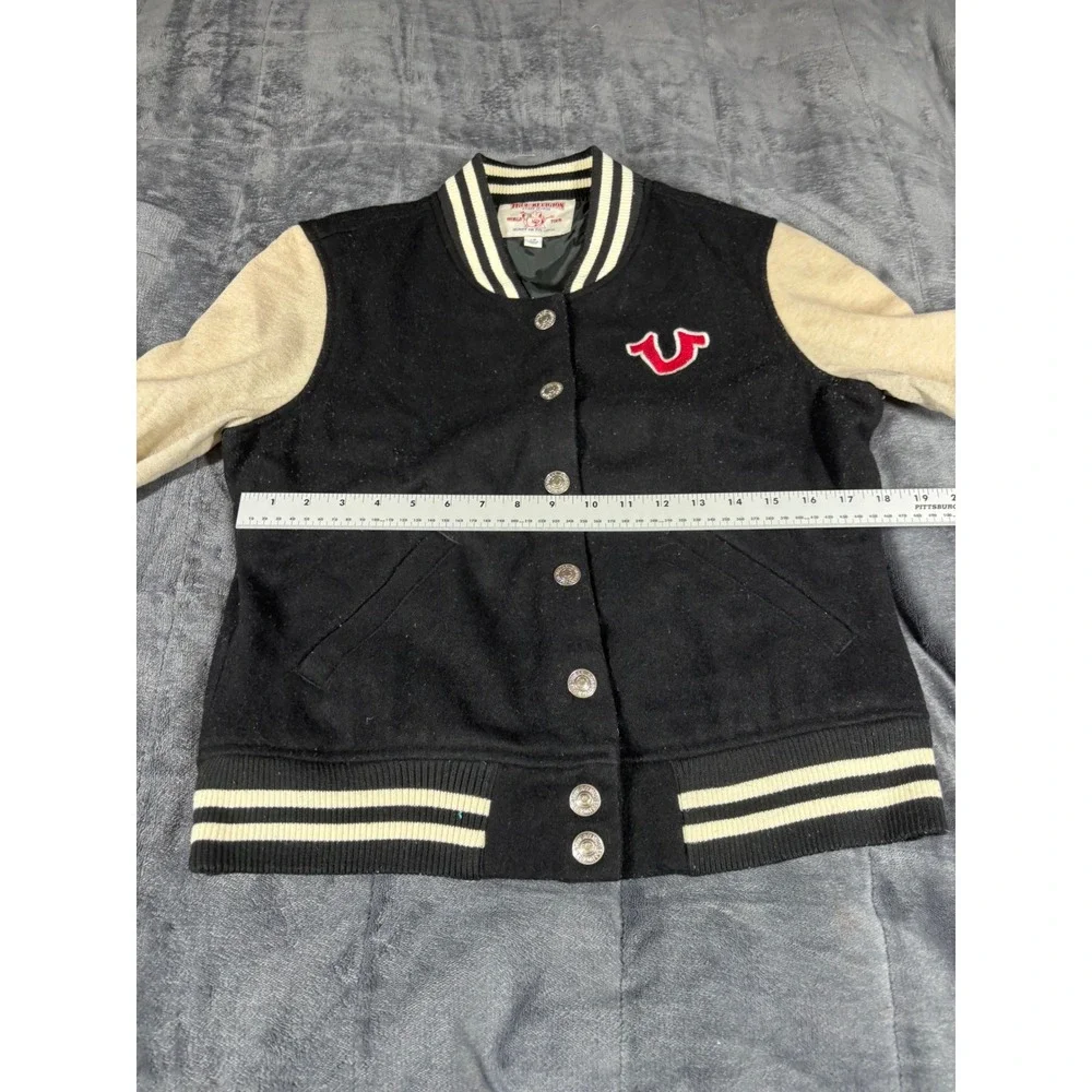 True Religion Kids Varsity Jacket Black‎ Cream Wool Blend Bomber Logo Large L/G